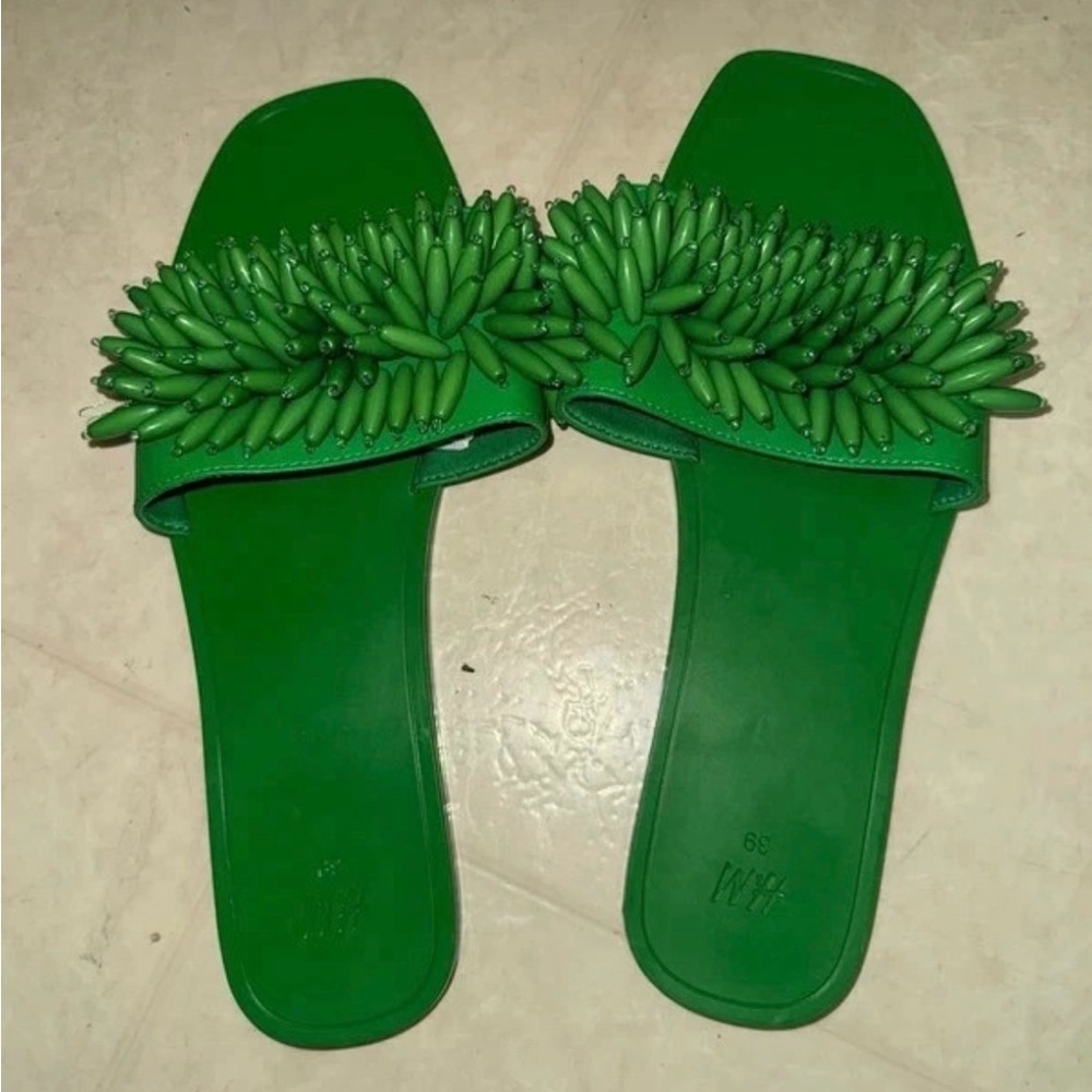 H and M Green Beaded Mules size 8.5